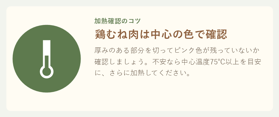 鶏むね肉の加熱確認方法を紹介するワンポイントカード